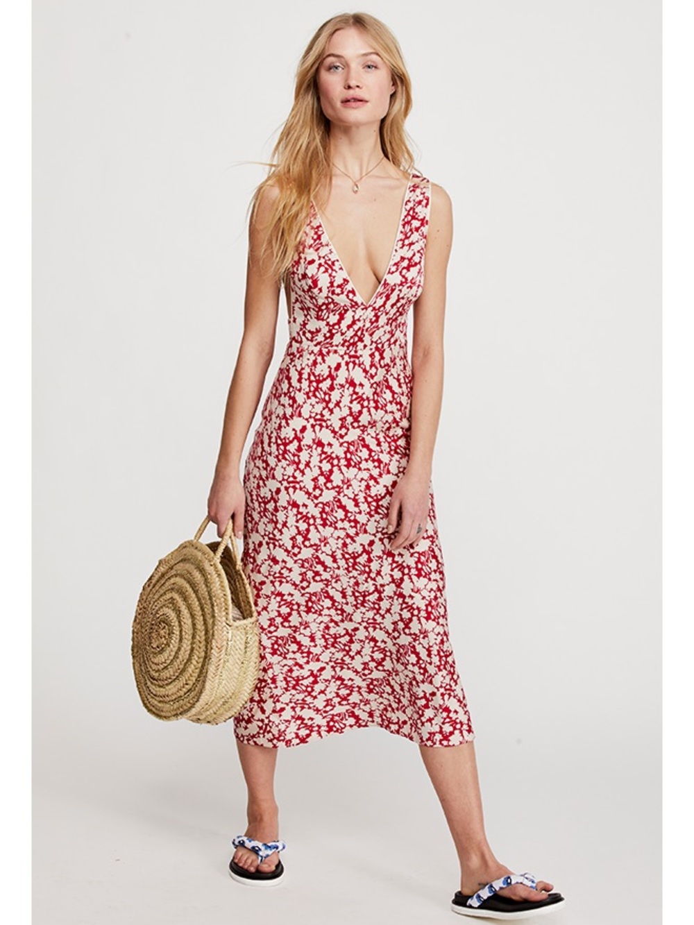 Free People Red floral oh la la bias midi dress Size 8